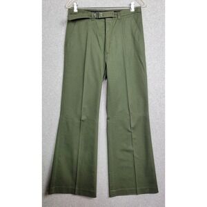 Vintage 70s Olive Green Flare Leg Pants Built-in Belt Wide Leg Trousers 31 Waist